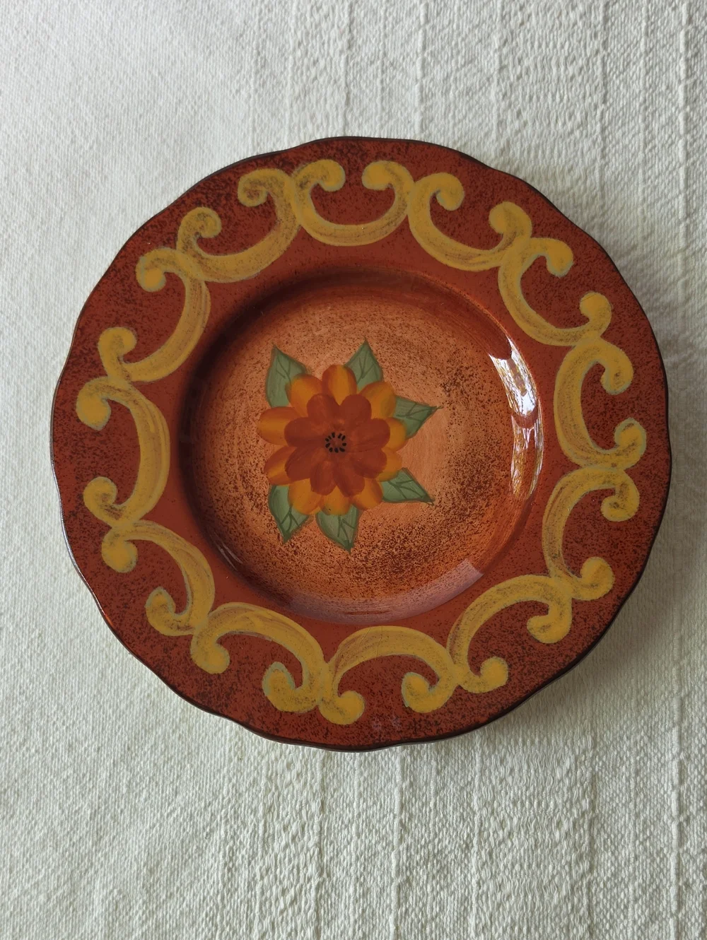 Hand-Painted Orange Floral Ceramic Serving Plate